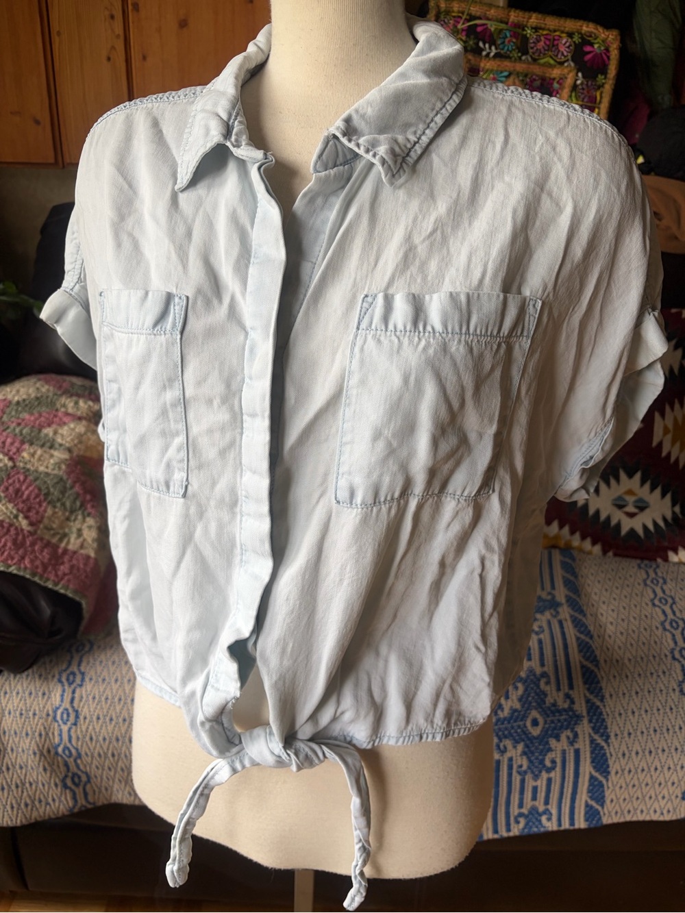 DEVOTED Light Blue Cotton Denim Tie-Front Short Sleeve Crop Button-up Shirt
